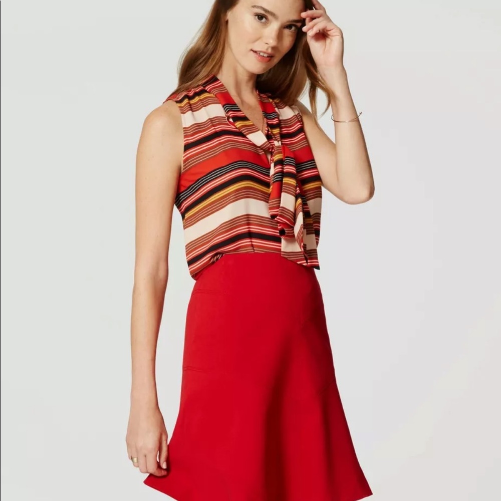 LOFT Women’s Red Brown Multicolor Striped Sleeveless Tie Neck Top Size Small NWT